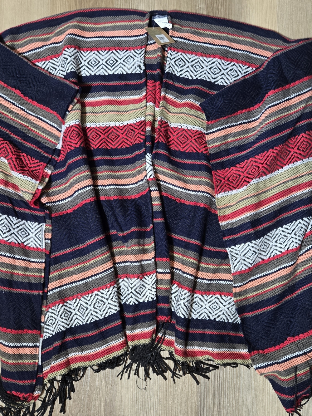 EARTHBOUND Striped Open Front Fringe Tunic Cardigan Poncho